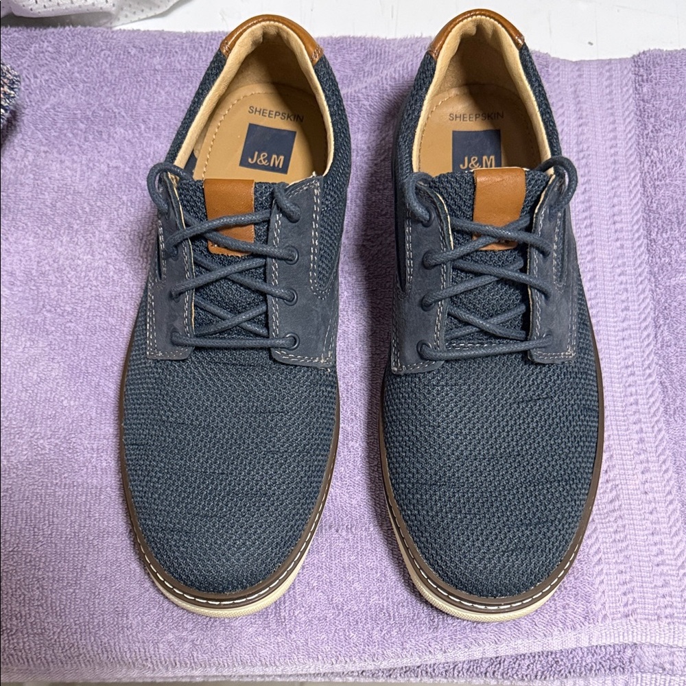 Johnston & Murphy Navy Knit Oxfords with Tan Leather Trim